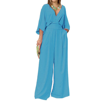Damen Jumpsuit mit eleganter Wickeloptik und weitem Bein Fudus