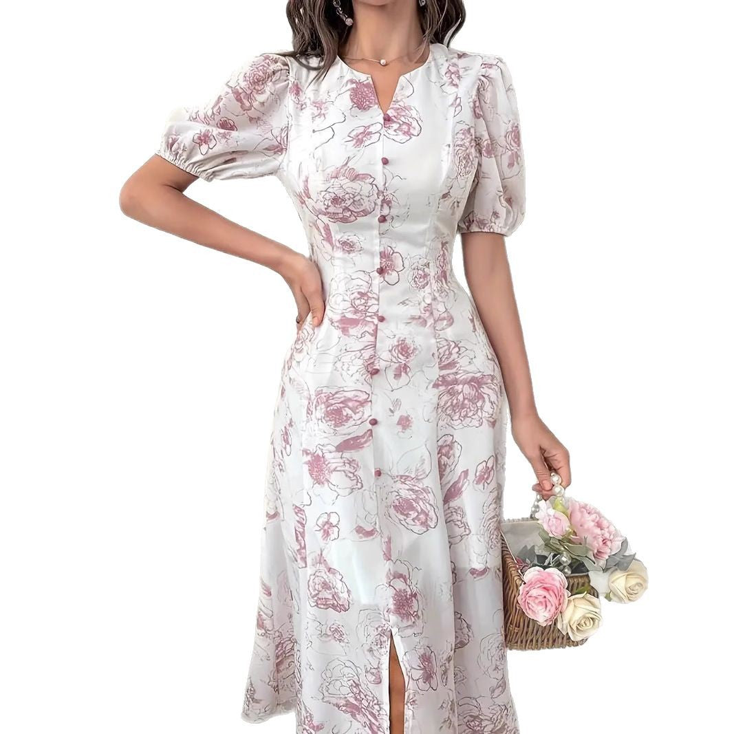 Damen florales Maxikleid mit knöpfbarem V-Ausschnitt und schickem Schlitz Fudus