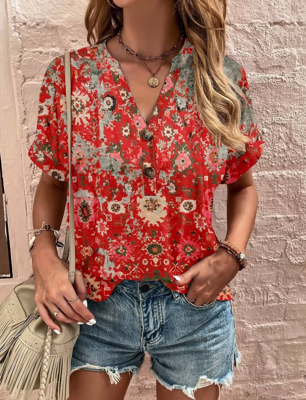 Damen Kurzarmbluse mit floralem Druck Fudus