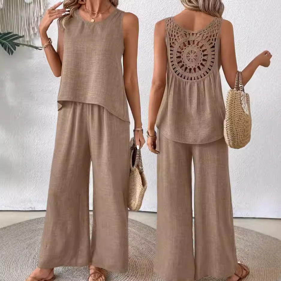 Damen luftiger Jumpsuit mit weitem Bein und raffinierter Schnittführung Fudus