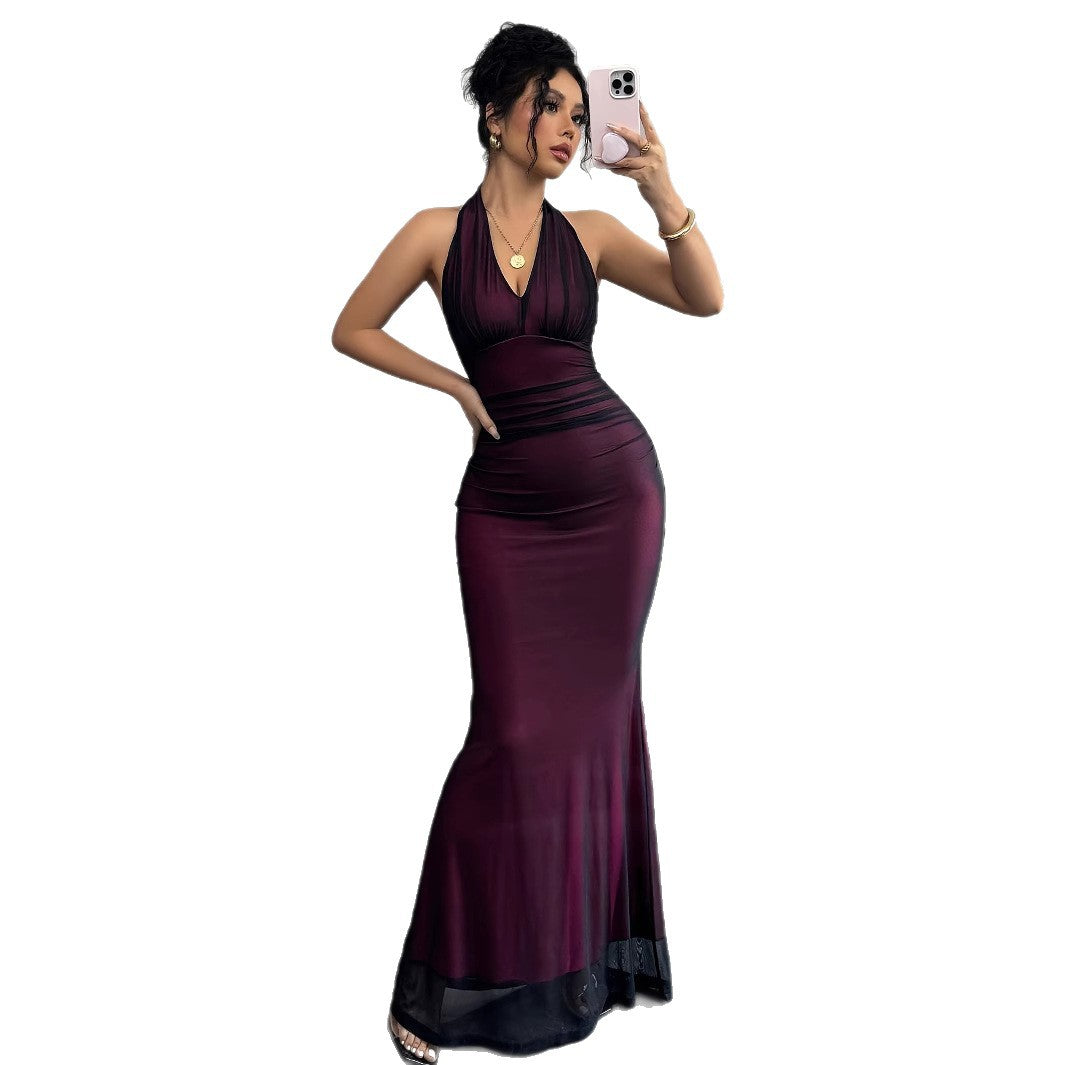 Damen elegantes Maxikleid mit schmeichelndem Rückenausschnitt und fließendem Rock Fudus