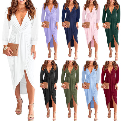 Damen Wickel-Kleid mit tiefem V-Ausschnitt und seitlichem Schlitz Fudus