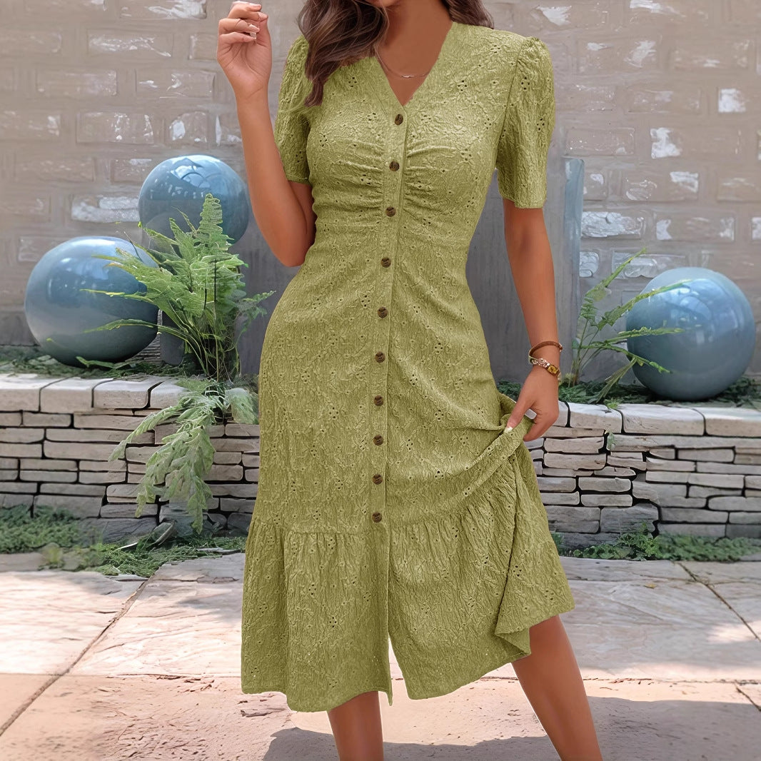 Damen Midikleid mit romantischen Rüschendetails und Knopfverschluss Fudus