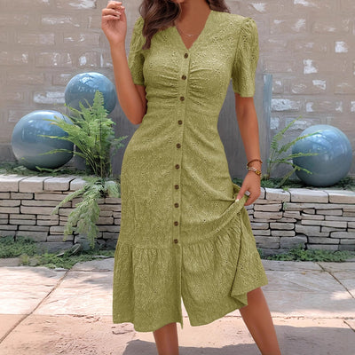 Damen Midikleid mit romantischen Rüschendetails und Knopfverschluss Fudus