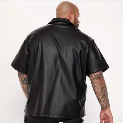 Herren lässige Kunstlederhemdjacke mit kurzem Arm und praktischen Reißverschlusstaschen Aliams