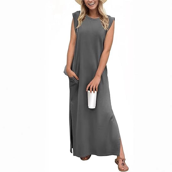 Damen lässiges Maxi-Kleid mit seitlichen Taschen Fudus