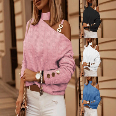 Damen elegantes Oberteil mit asymmetrischem Ausschnitt und dekorativen Schulterträgern Fudus