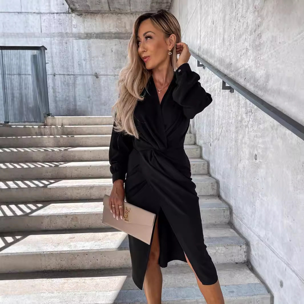 Damen Wickelkleid mit stylischem Kragen und seitlichem Schlitz Fudus