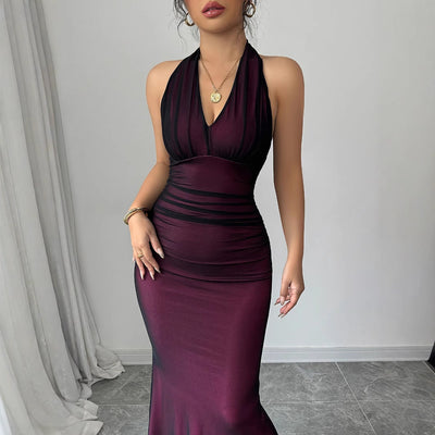 Damen elegantes Maxikleid mit schmeichelndem Rückenausschnitt und fließendem Rock Fudus