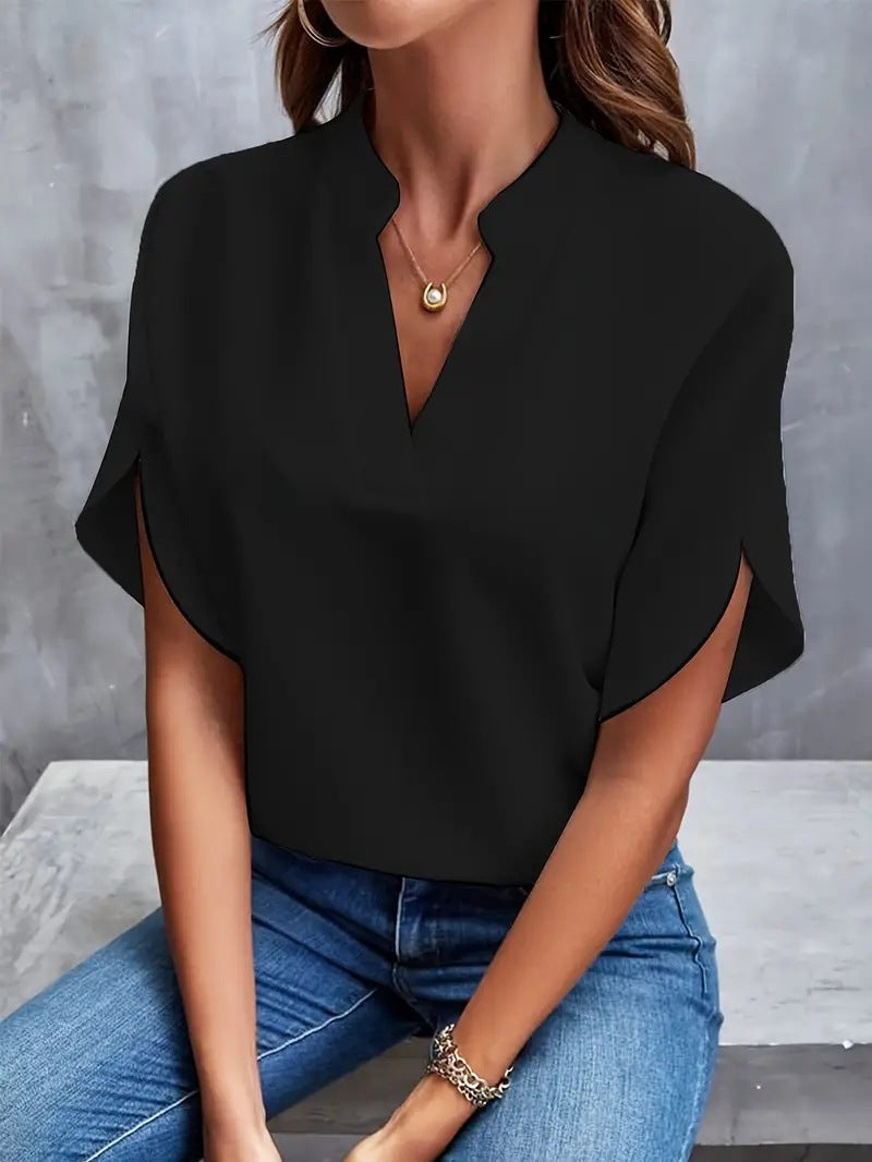 Damen lässige Bluse mit elegantem Stehkragen und weiten Ärmeln Fudus