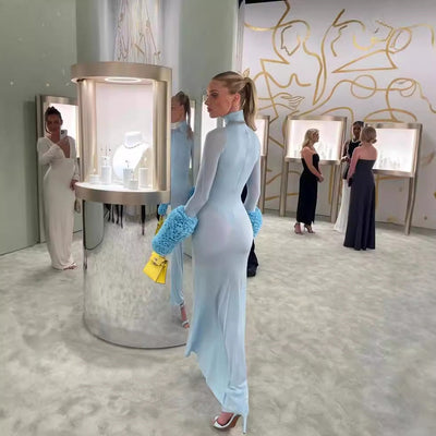 Damen Langarm Maxikleid mit hohem Kragen und figurbetontem Schnitt Fudus