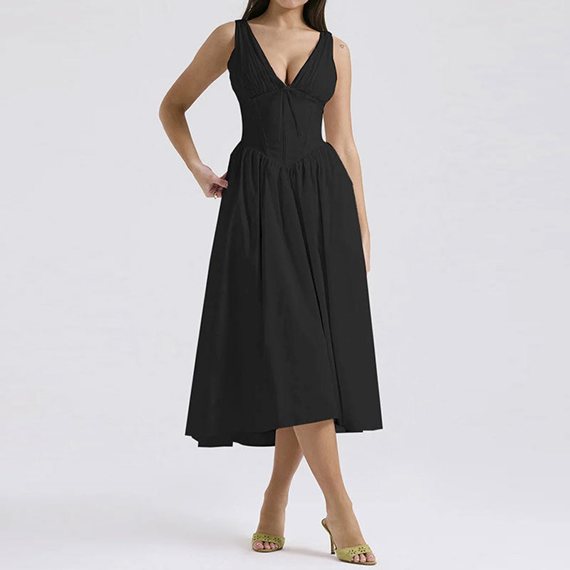 Damen Wickelkleid mit tiefem V-Ausschnitt und schwingendem Rock Fudus