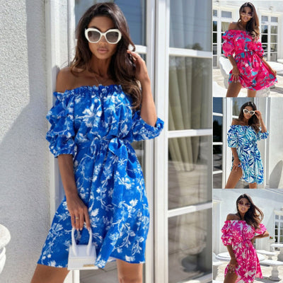 Damen Off-Shoulder Strandkleid mit Rüschendetails und Taillengürtel Fudus