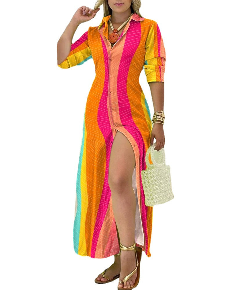 Damen Langarmhemdkleid mit buntem Streifenmuster und elegantem Schlitz Fudus