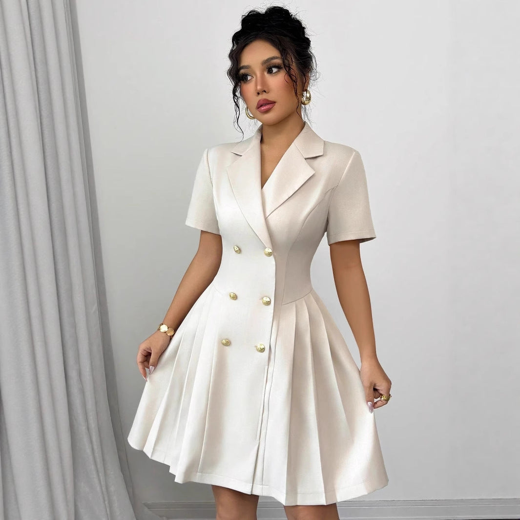 Damen klassisches Knopfkleid mit tailliertem Schnitt und Faltenrock Fudus