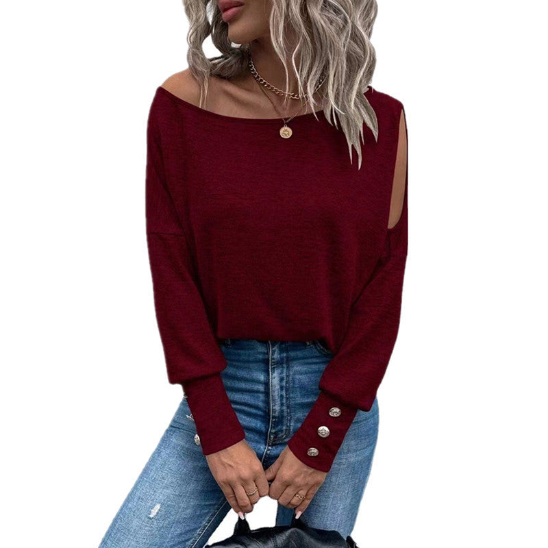 Damen lässiges Longsleeve T-Shirt mit Schulterauschnitten Fudus