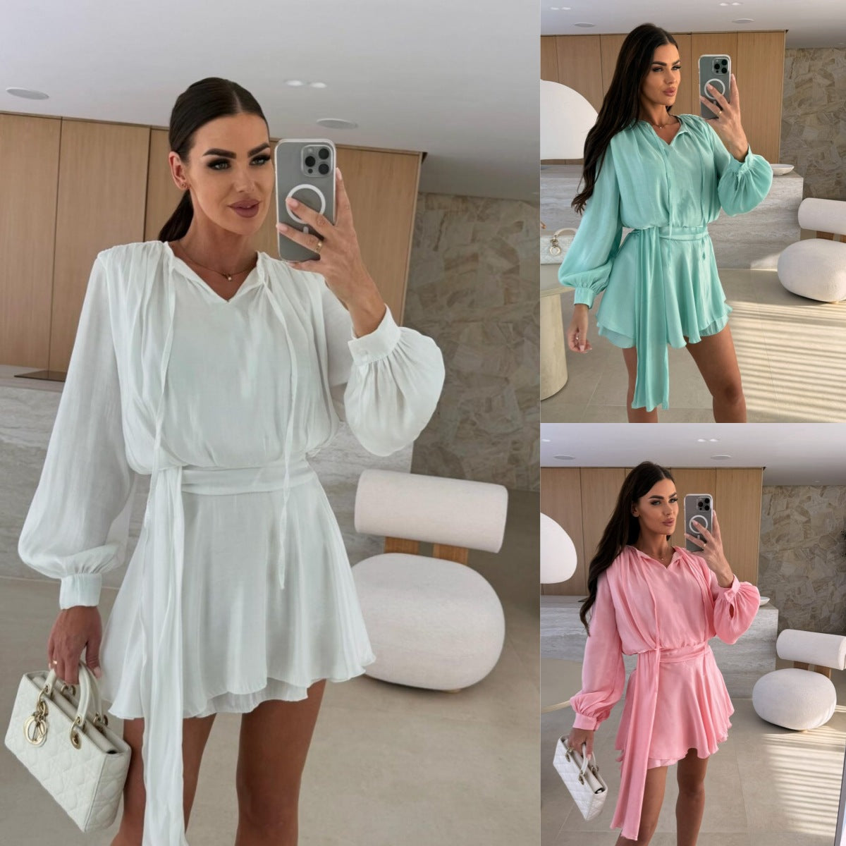 Damen luftiges Minikleid mit eleganter Schlaufe und voluminösen Ärmeln Fudus