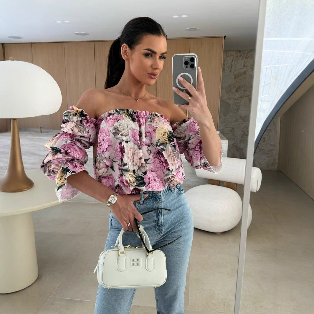 Damen Off-Shoulder Bluse mit Rüschendetails und floralem Muster Fudus