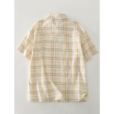 Damen Karierte Kurzarmbluse mit Brusttasche und lockerer Passform Fudus