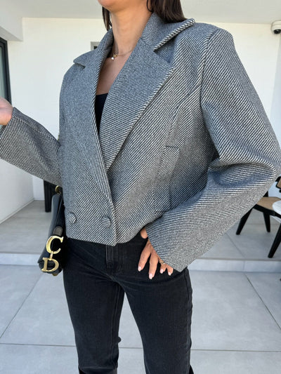 Damen eleganter Cropped Blazer im strukturierten Design mit doppelter Knopfleiste Fudus