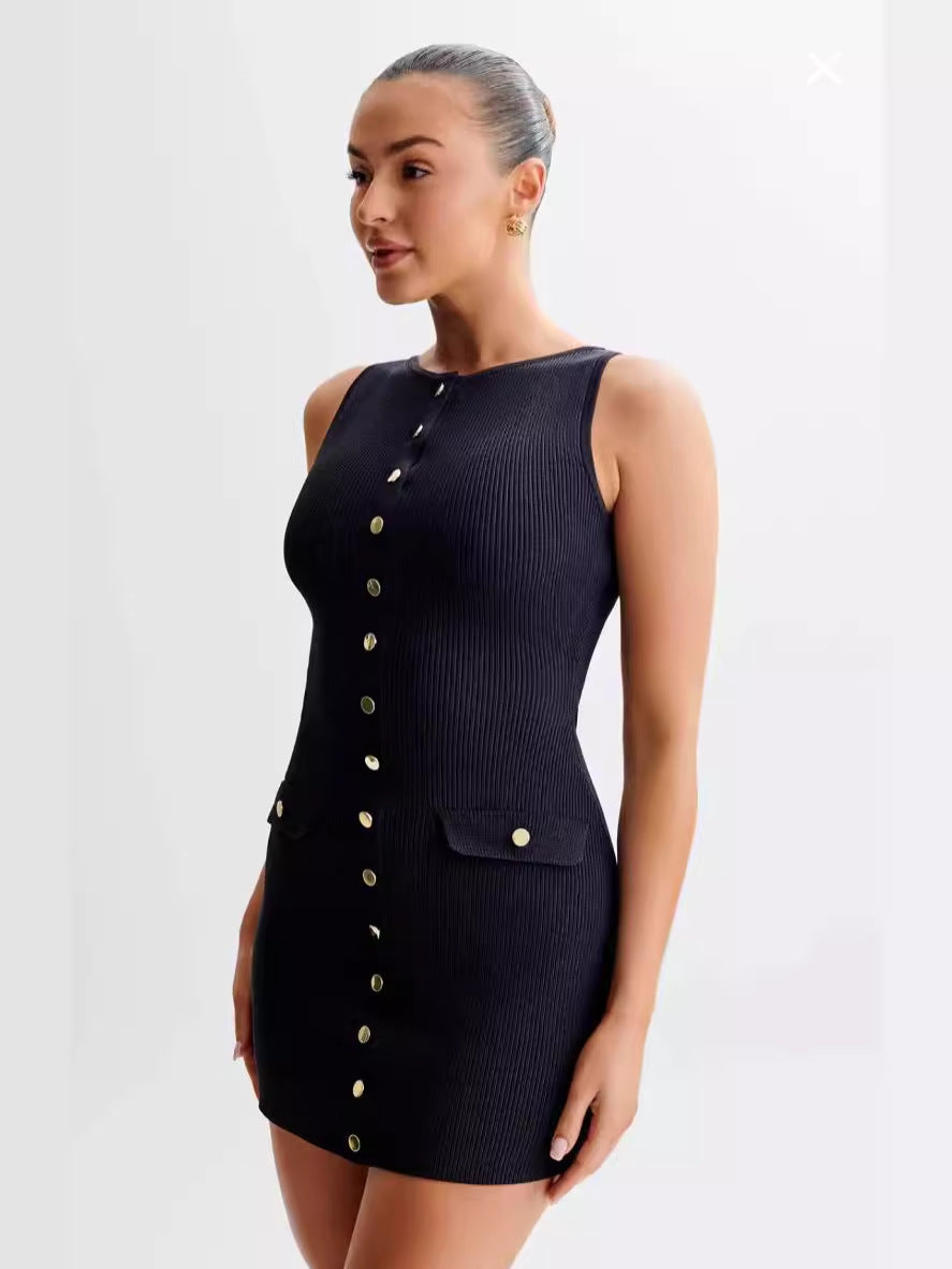 Damen figurbetontes Kleid mit Knopfdetails und Taschen Fudus