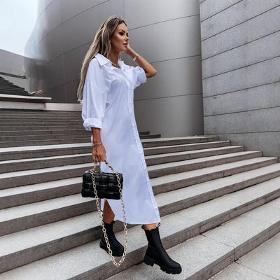 Damen Hemdkleid im Oversized-Schnitt mit modernem Kragen und seitlichen Taschen Fudus