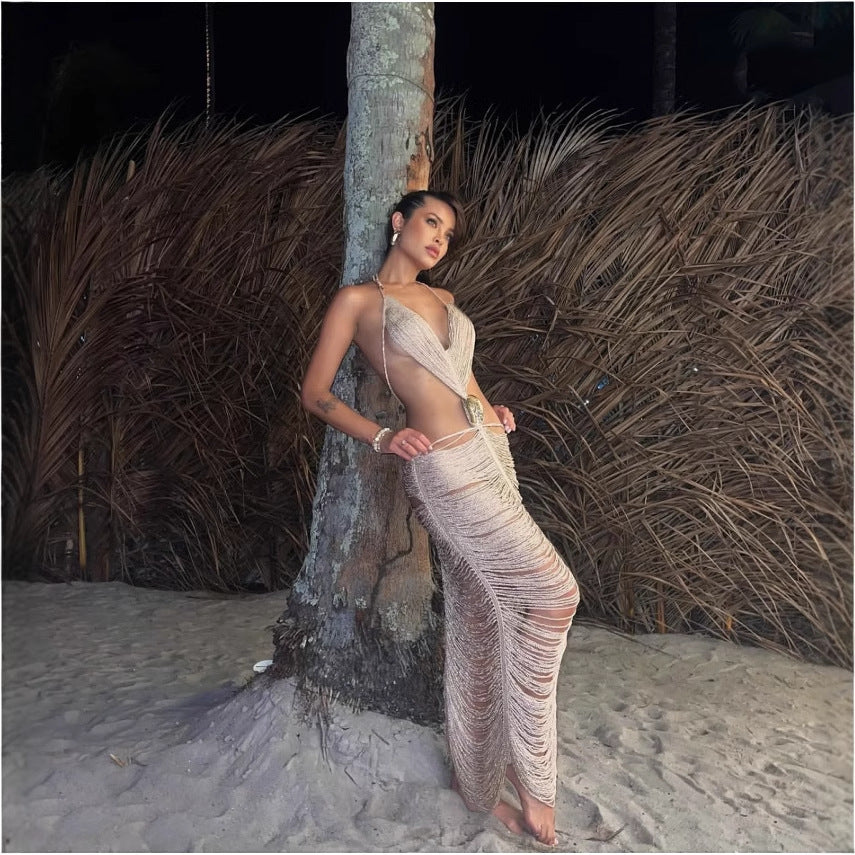 Damen Fransen Maxikleid mit hochgeschlossenem Design Fudus