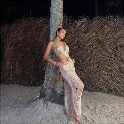 Damen Fransen Maxikleid mit hochgeschlossenem Design Fudus