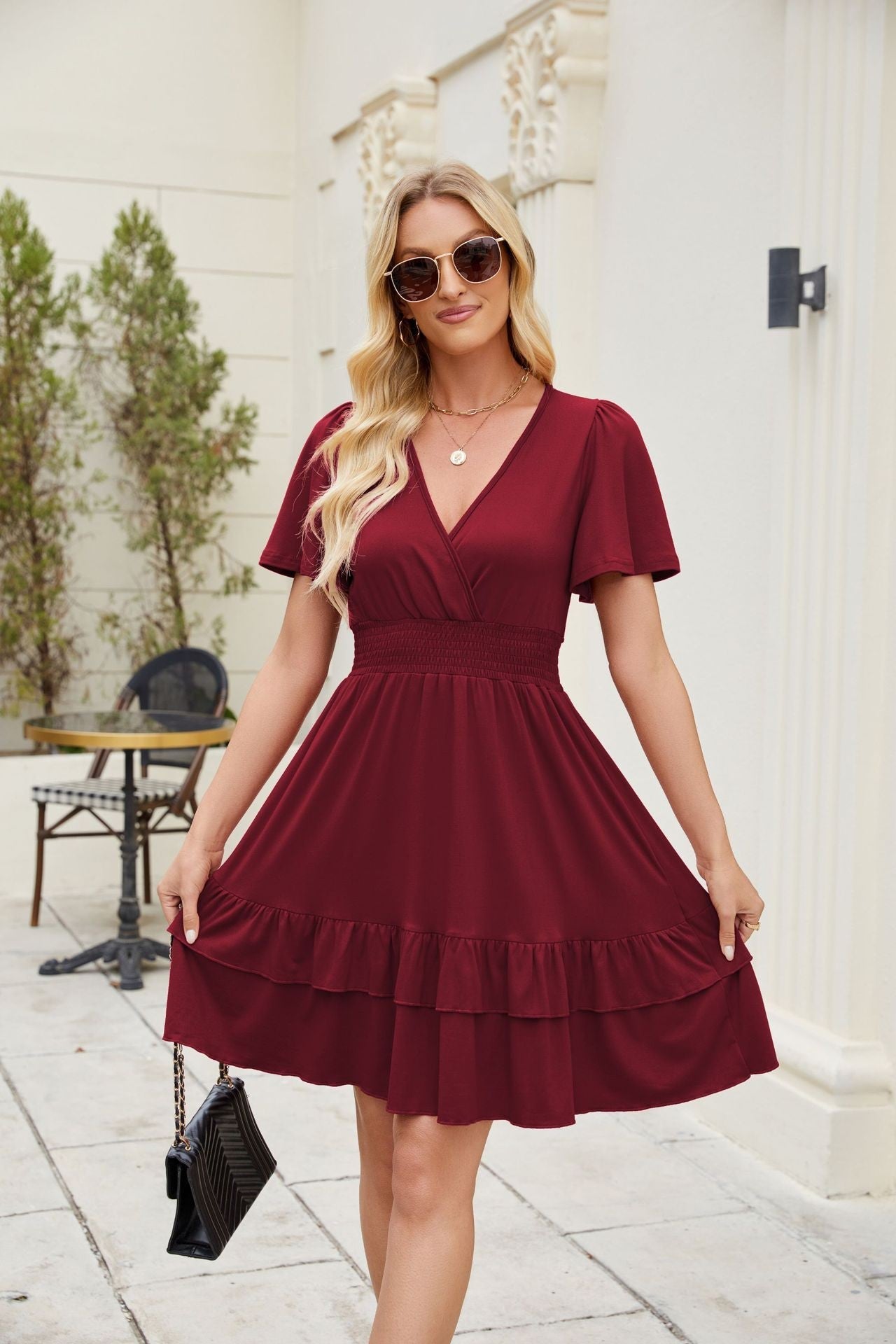 Damen Wickelkleid mit feinem Rüschensaum und elastischem Bund Fudus