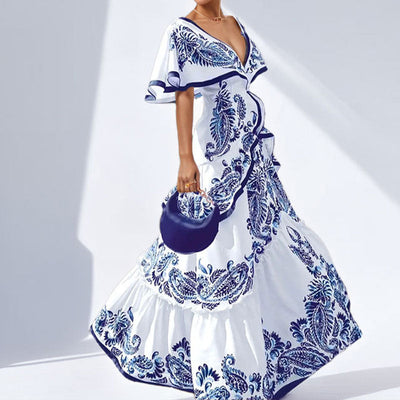 Damen Maxikleid mit voluminösen Ärmeln und detailreicher Stickerei Fudus