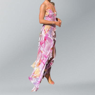 Damen Maxikleid mit verspieltem Rüschensaum und hohem Schlitz Fudus