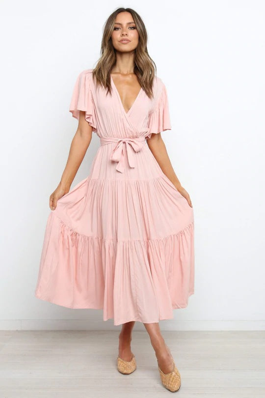 Damen Maxikleid mit tiefem V-Ausschnitt, Wickelbund und flatternden Ärmeln Fudus