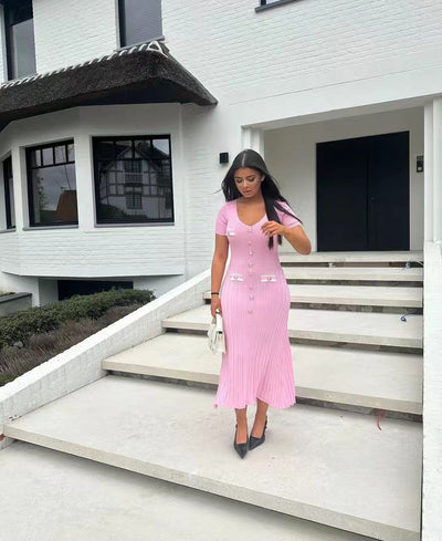 Damen Rippstrick Maxikleid mit Knopfdetails und V-Ausschnitt Fudus