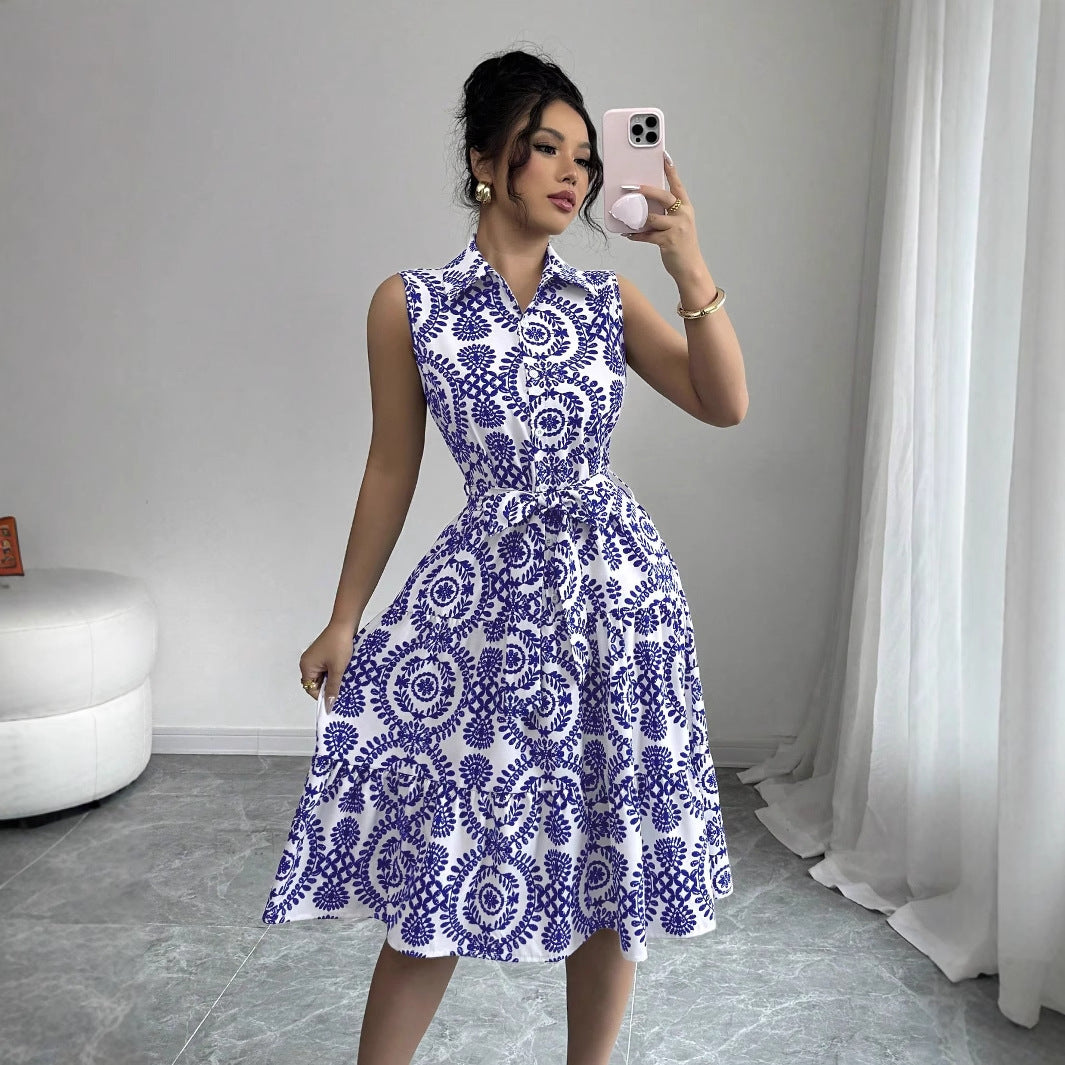 Damen Midikleid mit floralem Muster und taillierbarem Gürtel Fudus