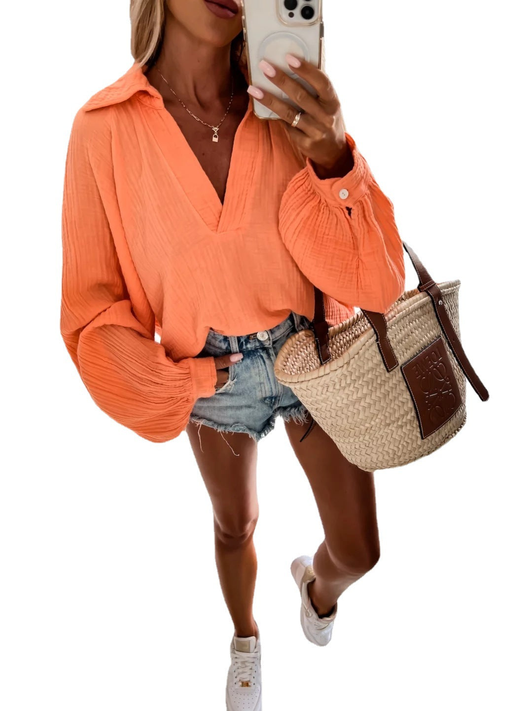 Damen lässige Bluse mit tiefem V-Ausschnitt und voluminösen Ärmeln Fudus