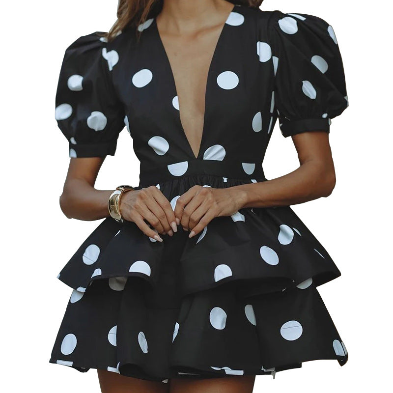 Damen Minikleid mit voluminösen Puffärmeln und tiefem V-Ausschnitt Fudus