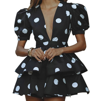 Damen Minikleid mit voluminösen Puffärmeln und tiefem V-Ausschnitt Fudus