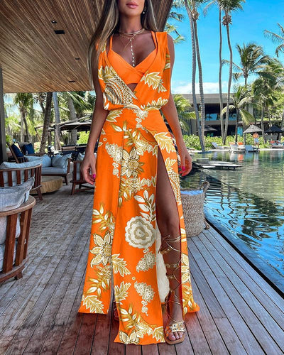 Damen Maxi-Kleid mit Auffälligem Tropenmotiv und Elegantem Schlitz Fudus