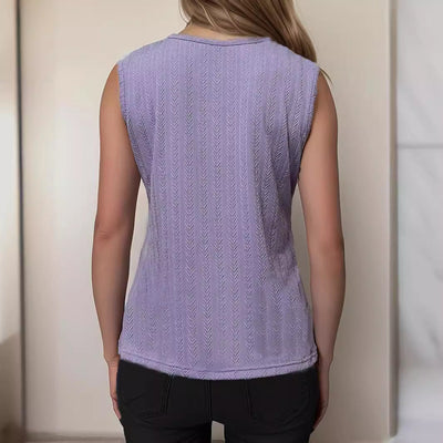 Damen Ärmelloses Strickoberteil mit elegantem V-Ausschnitt und dekorativem Häkelmuster Fudus