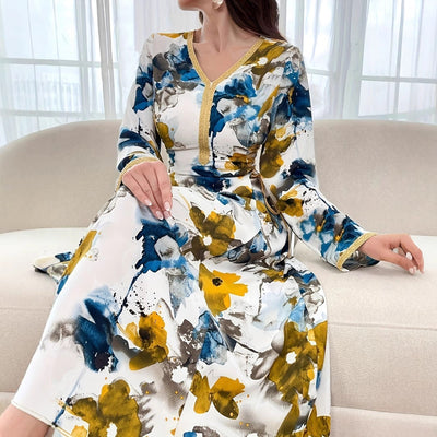 Damen Fließendes Maxikleid mit floralem Acryl-Design und Schnürdetails Fudus