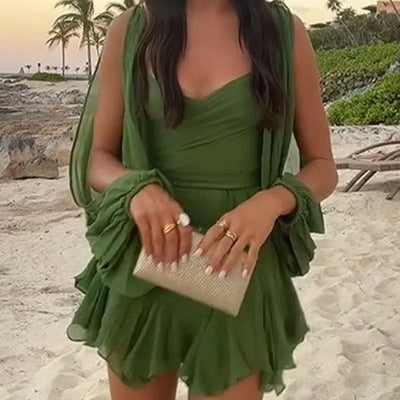 Damen Wickelkleid mit eleganten Ballonärmeln und verspielter Rüschensaumgestaltung Fudus