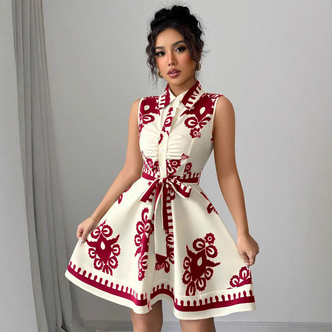 Damen Hemdblusenkleid mit grafischem Muster und Taillengürtel Fudus