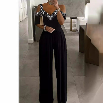Damen Elegantes Jumpsuit mit Off-Shoulder Design und Glitzerakzenten Fudus