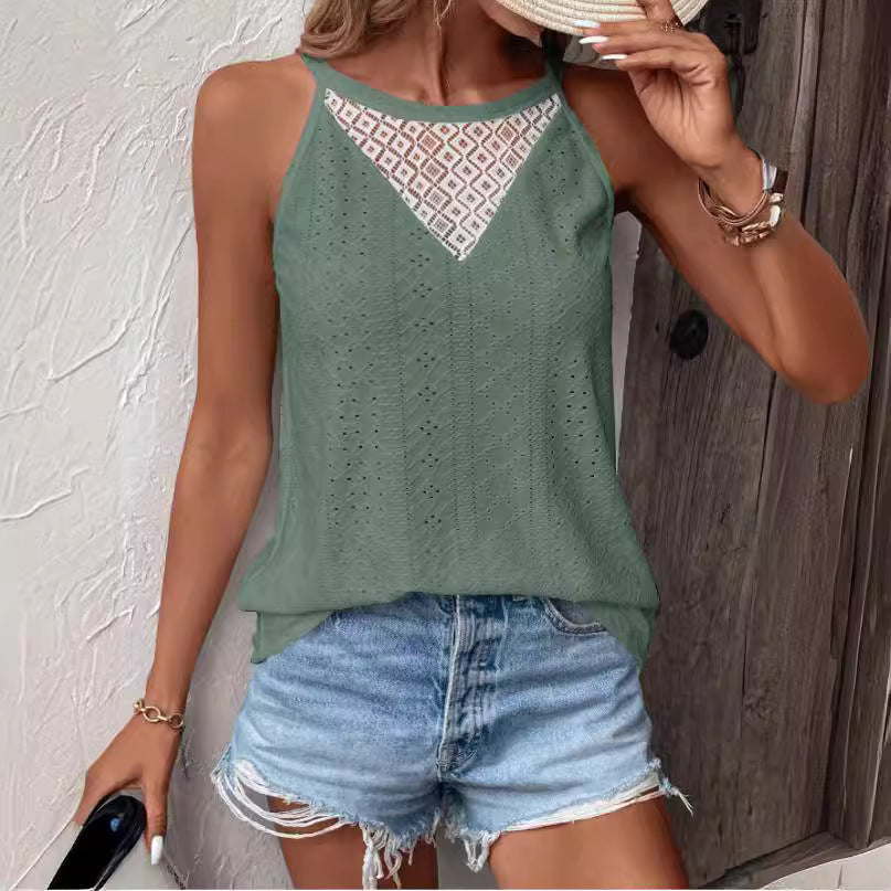 Damen ärmelloses Oberteil mit feiner Lochmusterung und eleganter Spitzeneinsätze Fudus