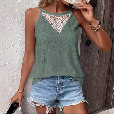 Damen ärmelloses Oberteil mit feiner Lochmusterung und eleganter Spitzeneinsätze Fudus