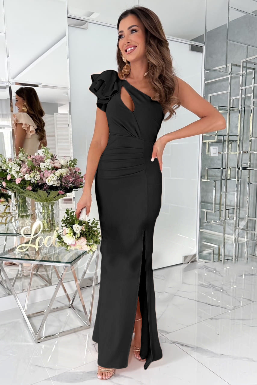 Damen elegantes Abendkleid mit asymmetrischem Schnitt und Rüschendetails Fudus