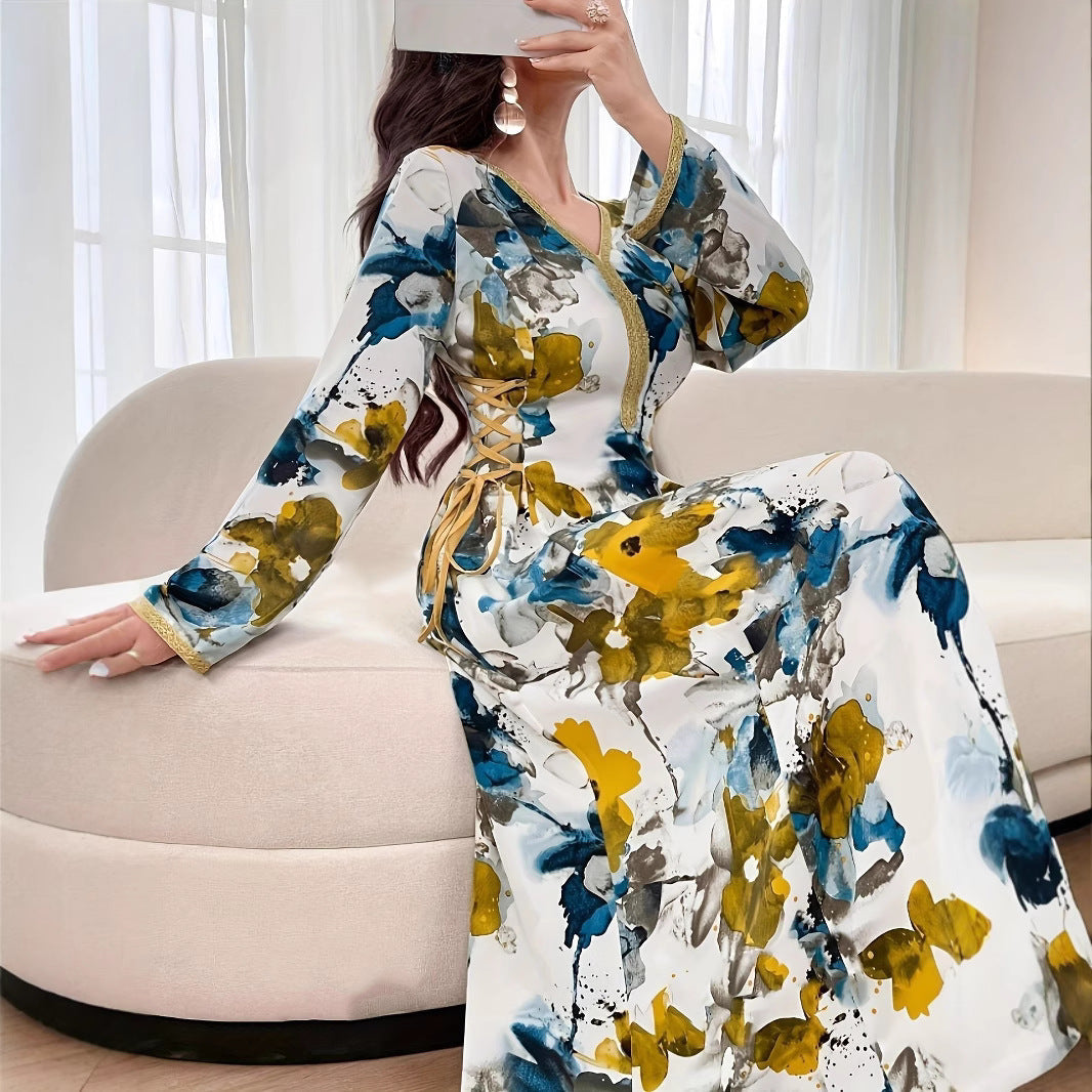 Damen Fließendes Maxikleid mit floralem Acryl-Design und Schnürdetails Fudus