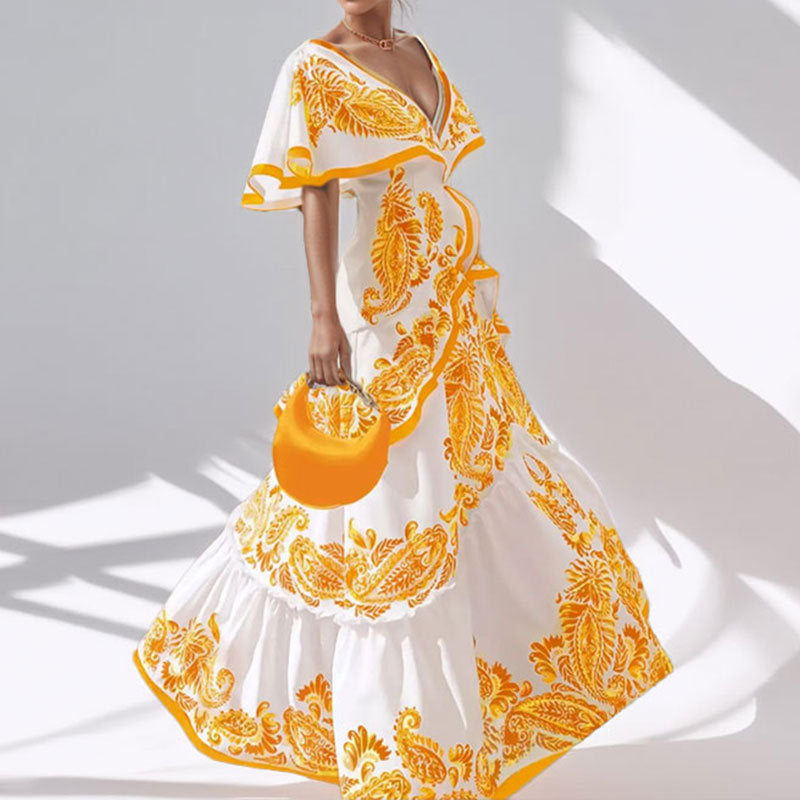 Damen Maxikleid mit voluminösen Ärmeln und detailreicher Stickerei Fudus