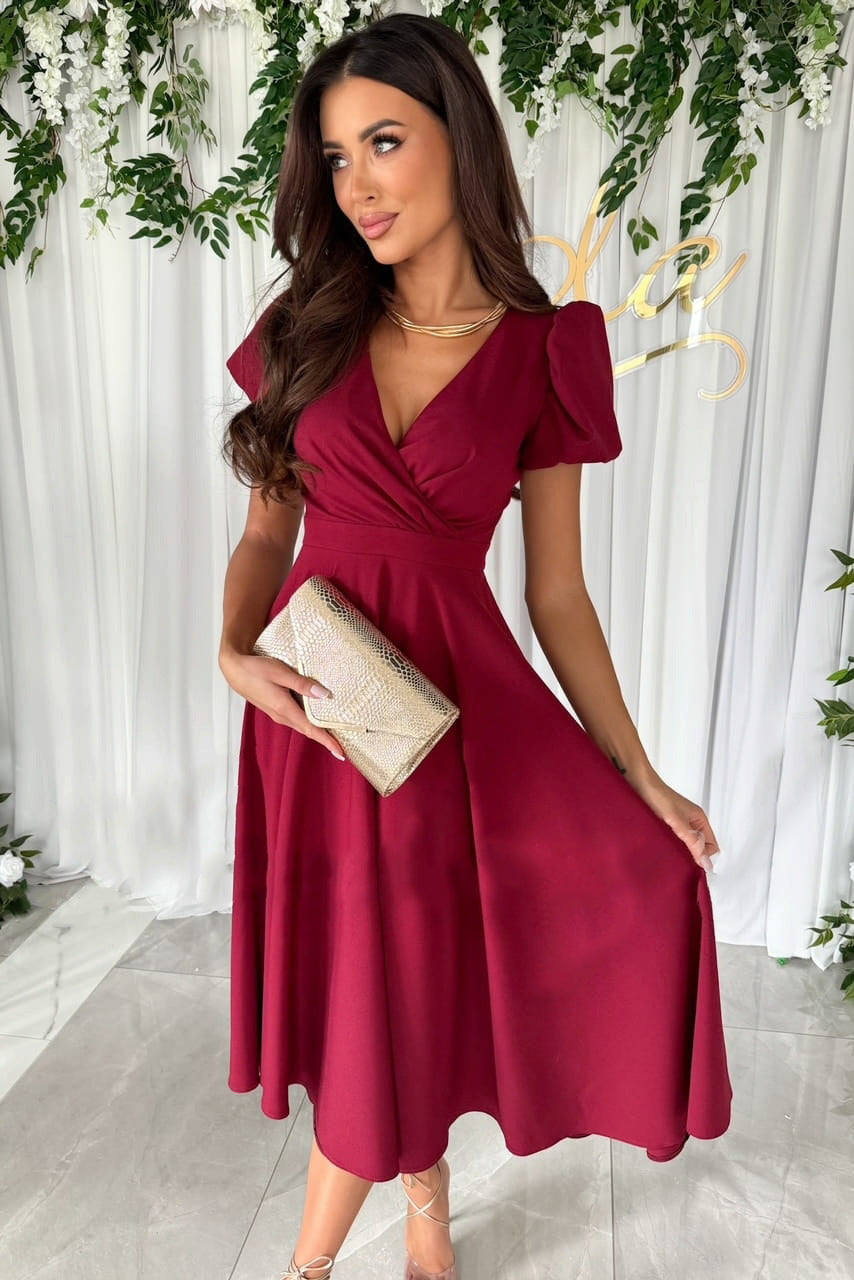 Damen elegantes Wickelkleid mit kurzen Puffärmeln und skulpturalem V-Ausschnitt Fudus
