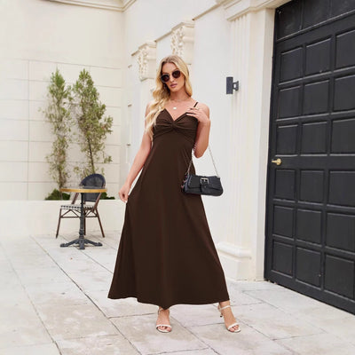 Damen elegantes Maxikleid mit feinem Faltenwurf und Spaghettiträgern Fudus